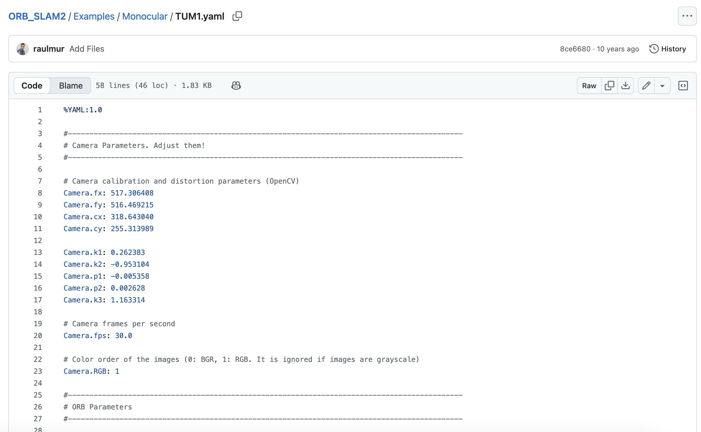 Dataset calibration files in ORB-SLAM2 repository.